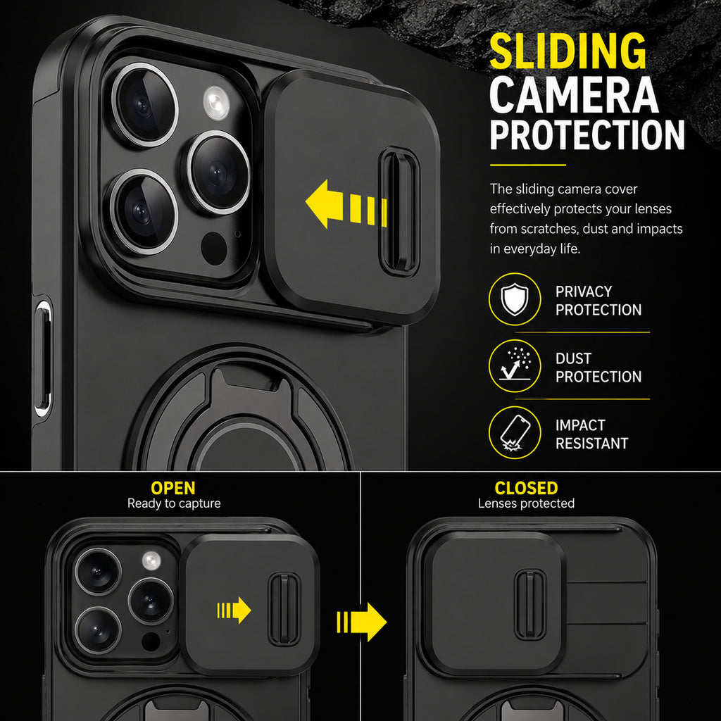 Coque iPhone 4-en-1 – Protection caméra, support 360° & porte-cartes