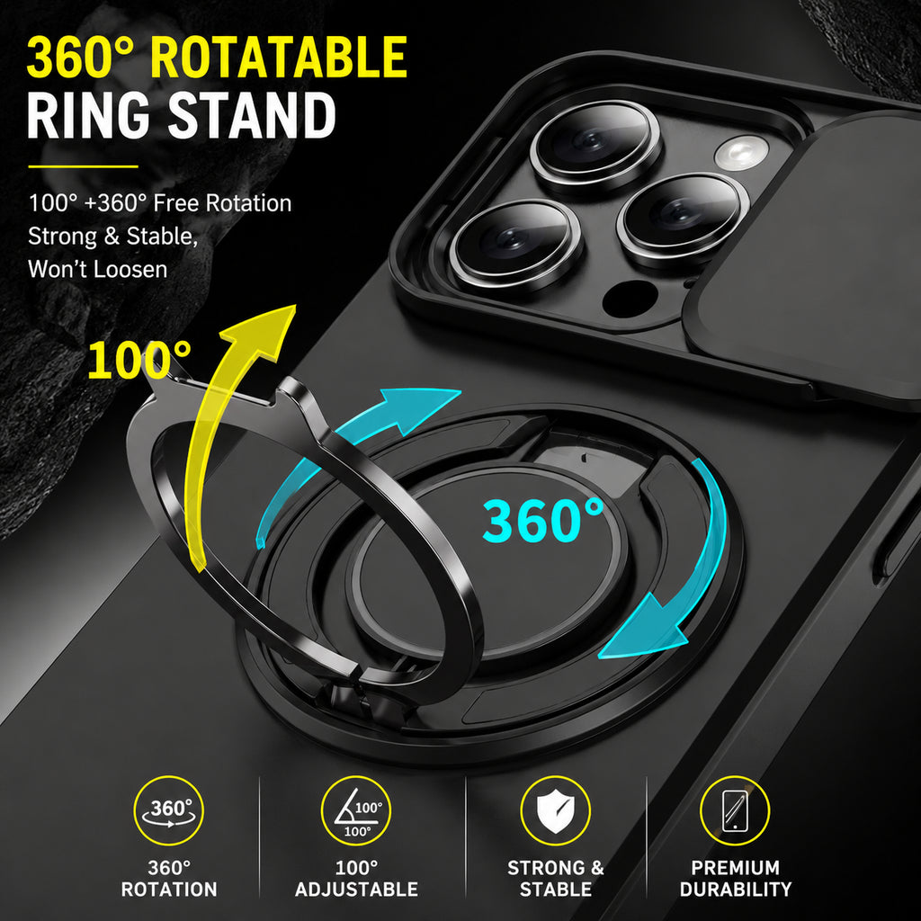 Coque iPhone 4-en-1 – Protection caméra, support 360° & porte-cartes