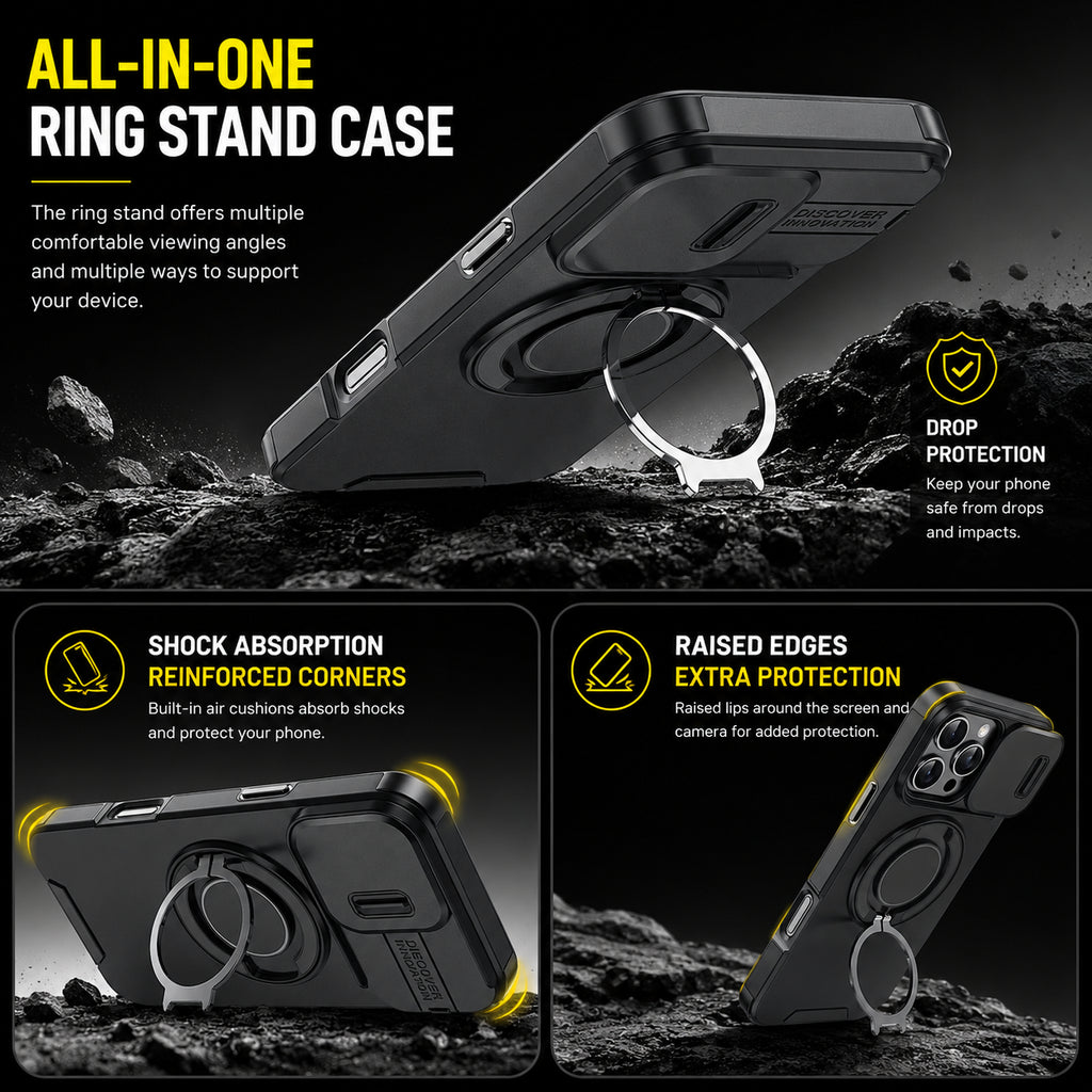 Coque iPhone 4-en-1 – Protection caméra, support 360° & porte-cartes