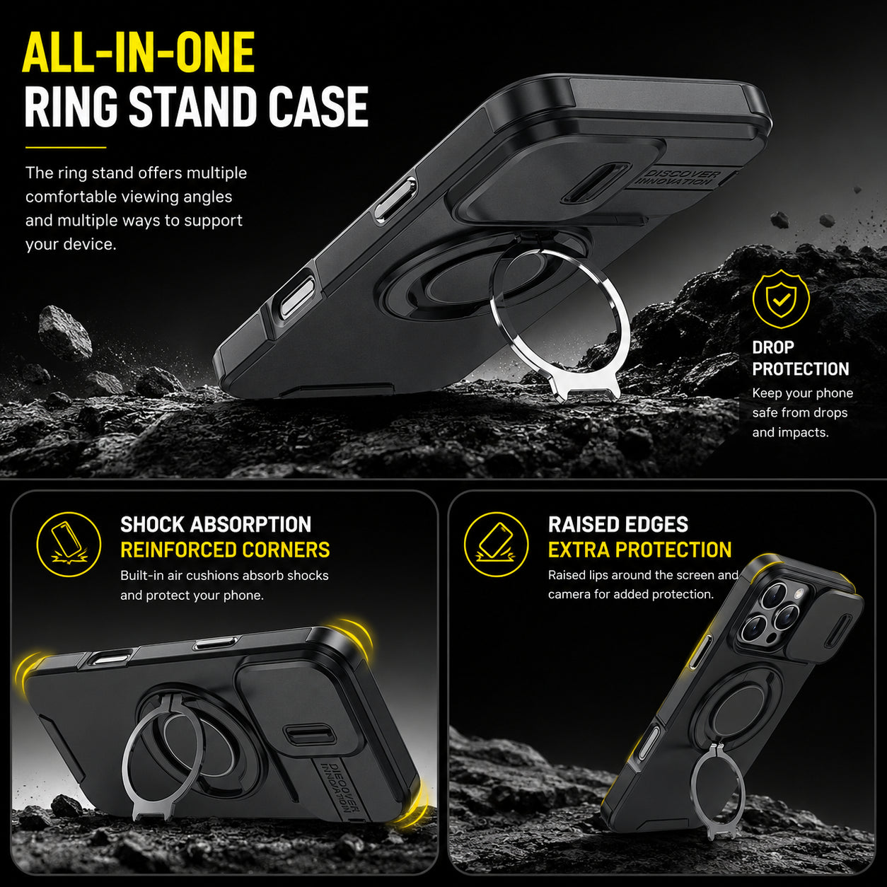Coque iPhone 4-en-1 – Protection caméra, support 360° & porte-cartes