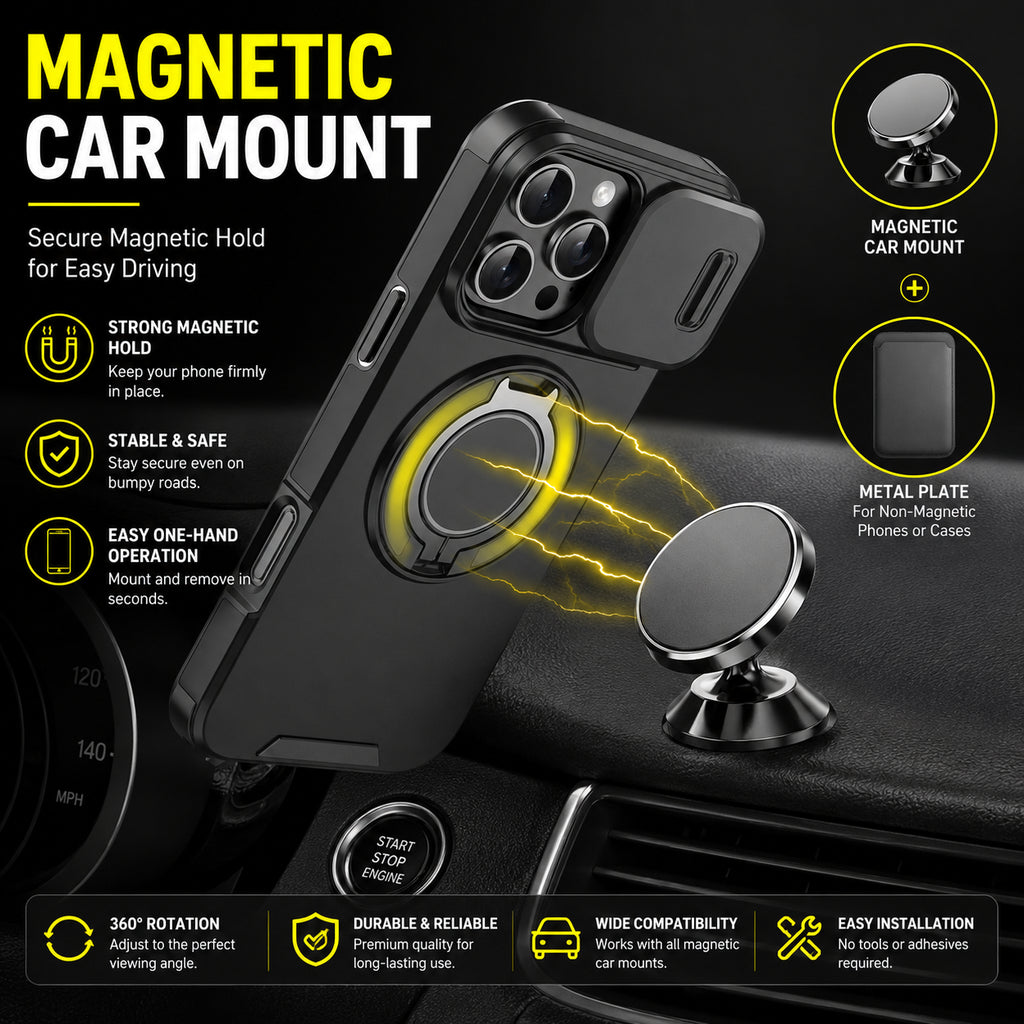 Coque iPhone 4-en-1 – Protection caméra, support 360° & porte-cartes
