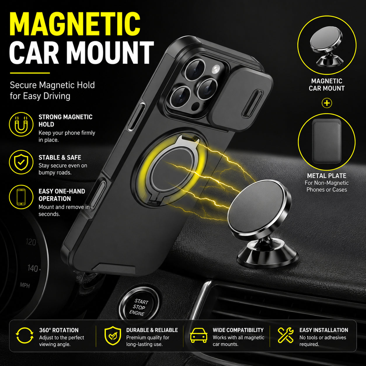 Coque iPhone 4-en-1 – Protection caméra, support 360° & porte-cartes