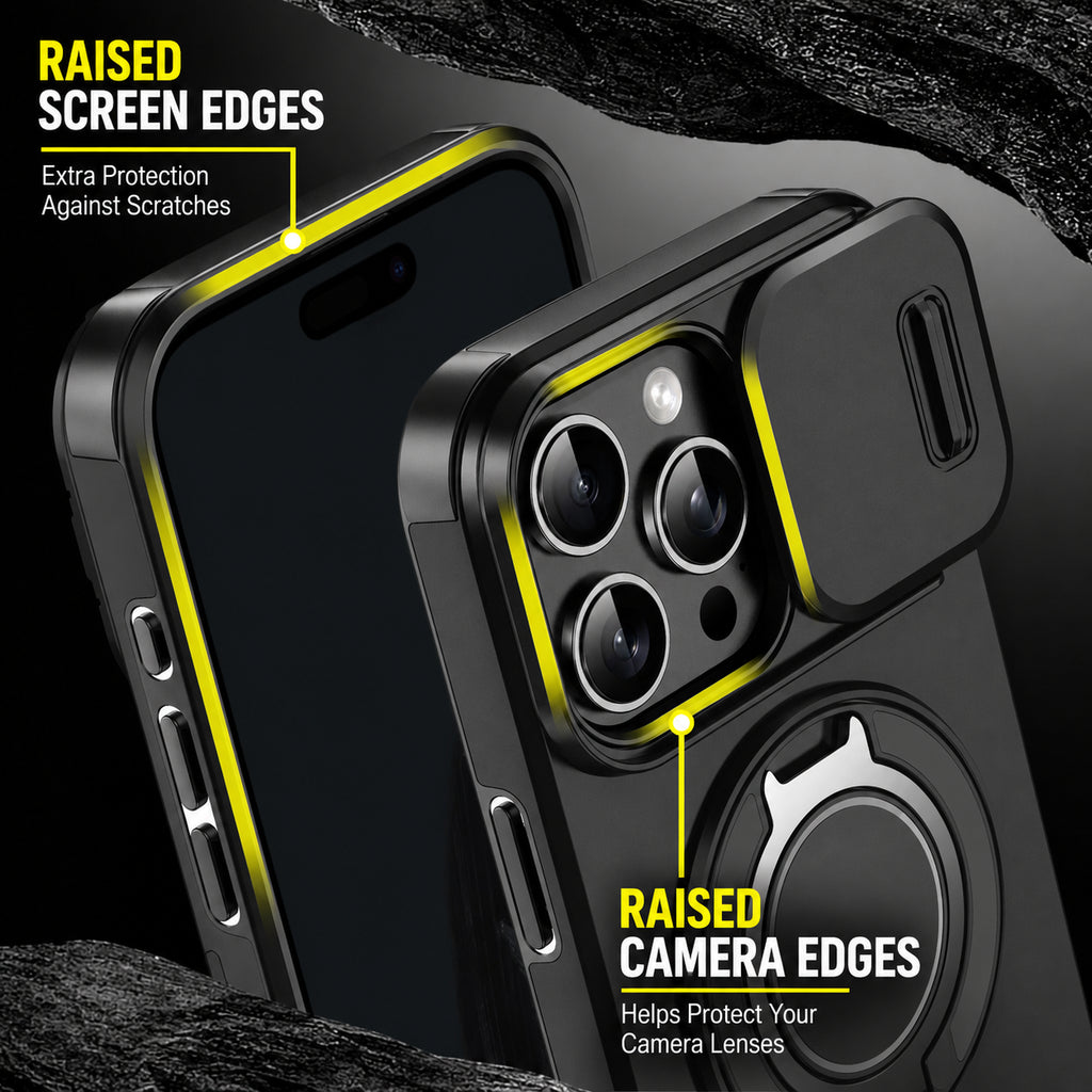 Coque iPhone 4-en-1 – Protection caméra, support 360° & porte-cartes
