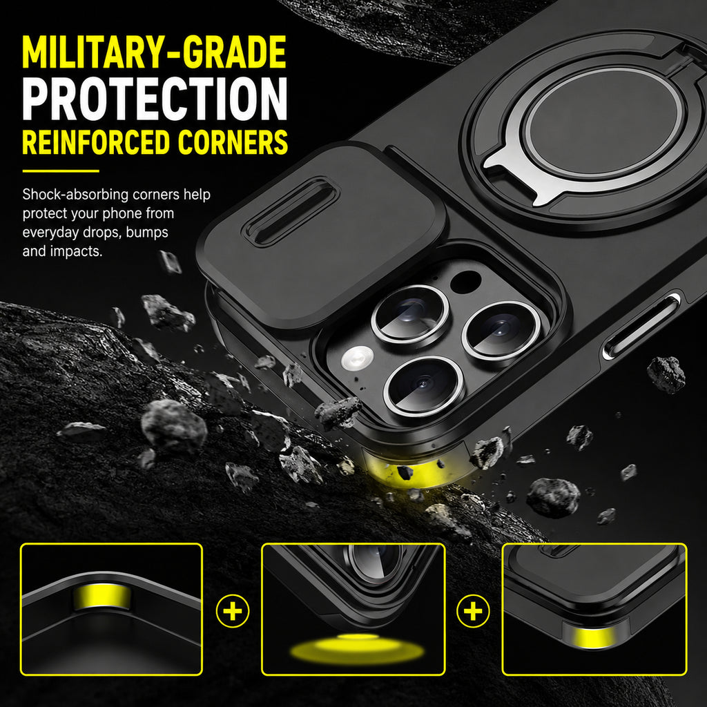 Coque iPhone 4-en-1 – Protection caméra, support 360° & porte-cartes