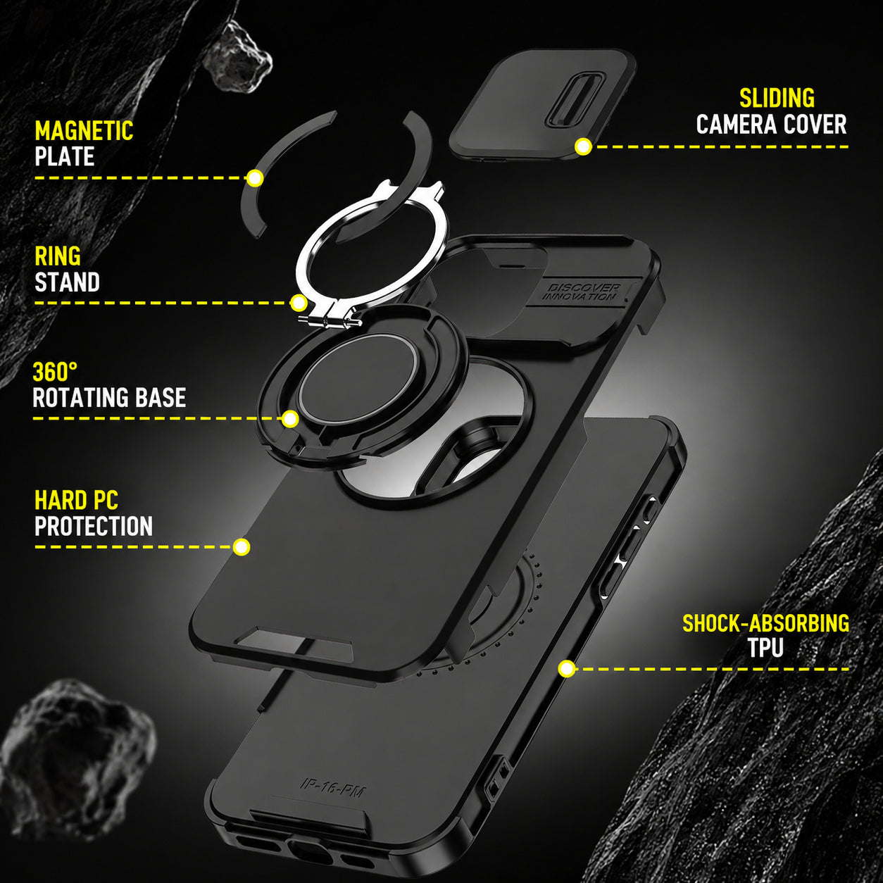 Coque iPhone 4-en-1 – Protection caméra, support 360° & porte-cartes