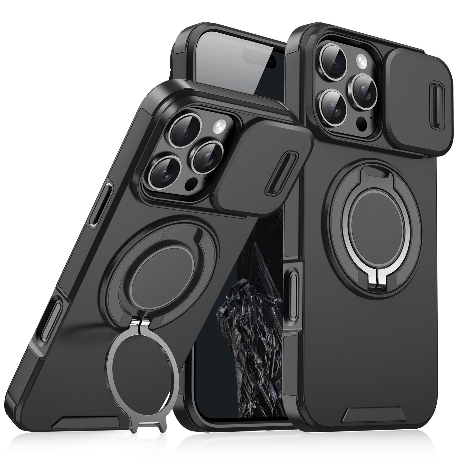 Coque iPhone 4-en-1 – Protection caméra, support 360° & porte-cartes